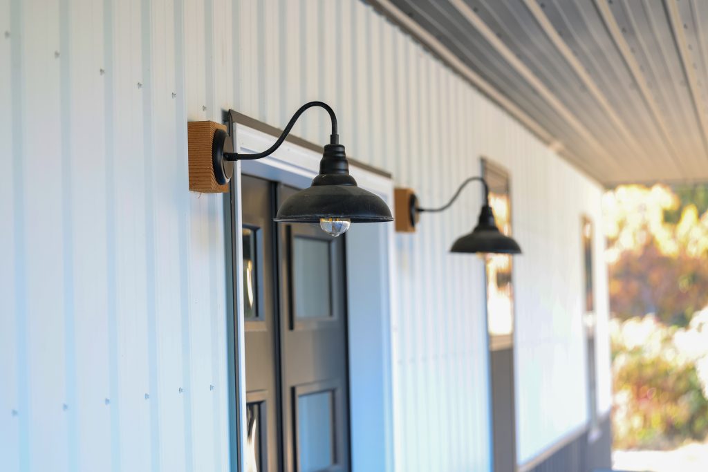 Nice barn wall closeup. Outdoor lights. Ag panel metal.